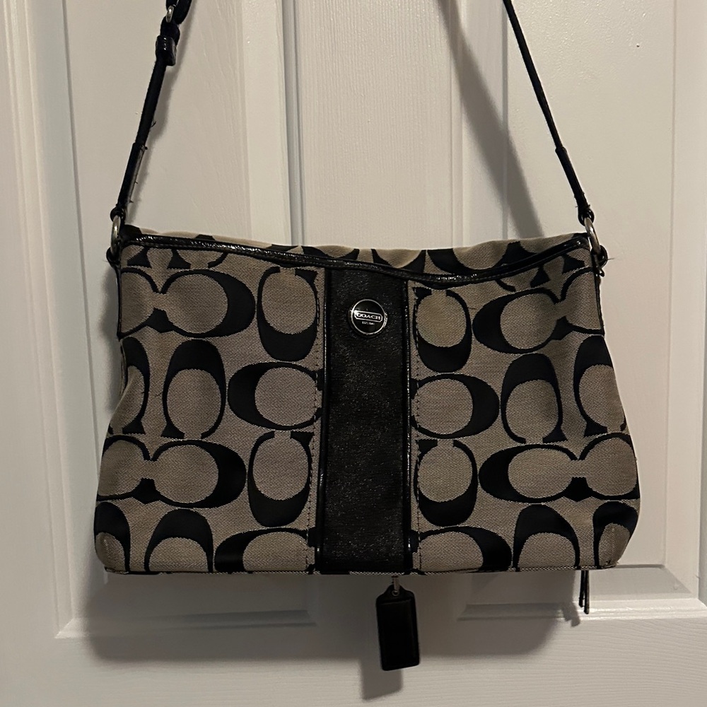 Large Coach Signature Black and Tan Foldover Shoulder Bag